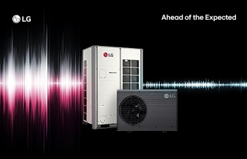 Dos unidades exteriores LG HVAC—una comercial MULTI V y otra residencial—sobre un fondo negro con gráficos de ondas sonoras, destacando la tecnología avanzada de control climático y el eslogan “Ahead of the Expected”.